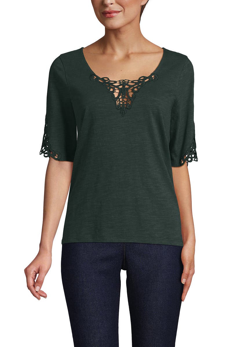 Lands' End Elbow Sleeve Slub Lace Trim T-Shirt, Main, color, Evening Forest