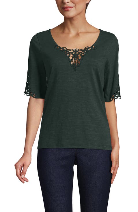 Elbow Sleeve Slub Lace Trim T-Shirt