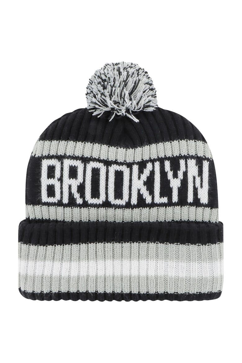 Men's '47 Black Brooklyn Nets Bering Cuffed Knit Hat with Pom, Alternate, color, Black