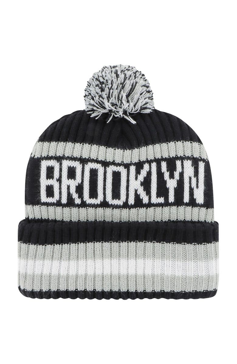 '47 Men's '47 Black Brooklyn Nets Bering Cuffed Knit Hat with Pom, Alternate, color, 