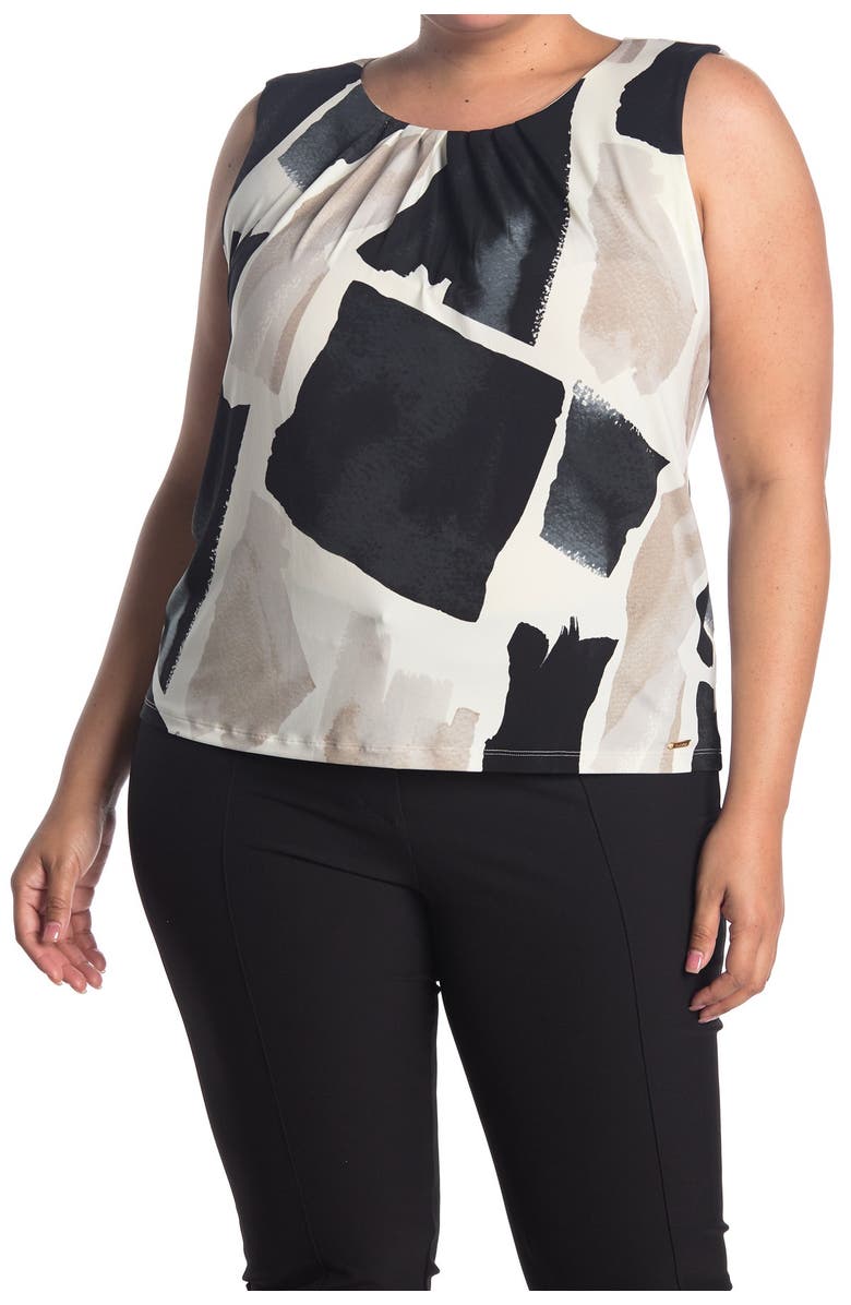 Calvin Klein Abstract Print Pleated Sleeveless Top, Alternate, color, 