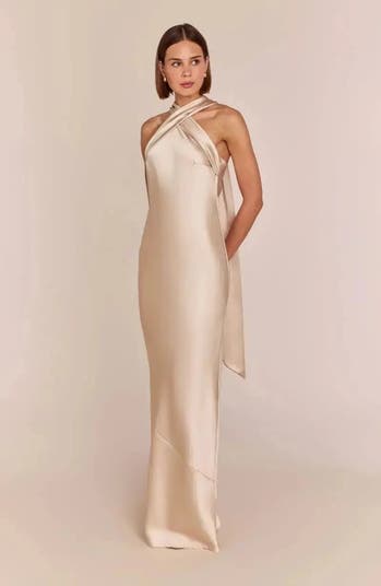 Roma Dress in Rose Pink Satin  Halterneck Maxi Bridesmaid Dress - Rewritten London