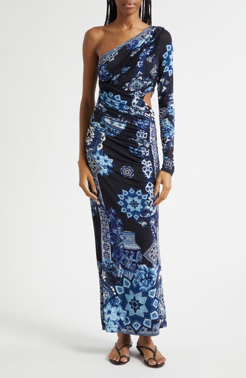 A Tiled Wonderland Cutout One-Shoulder Jersey Dress