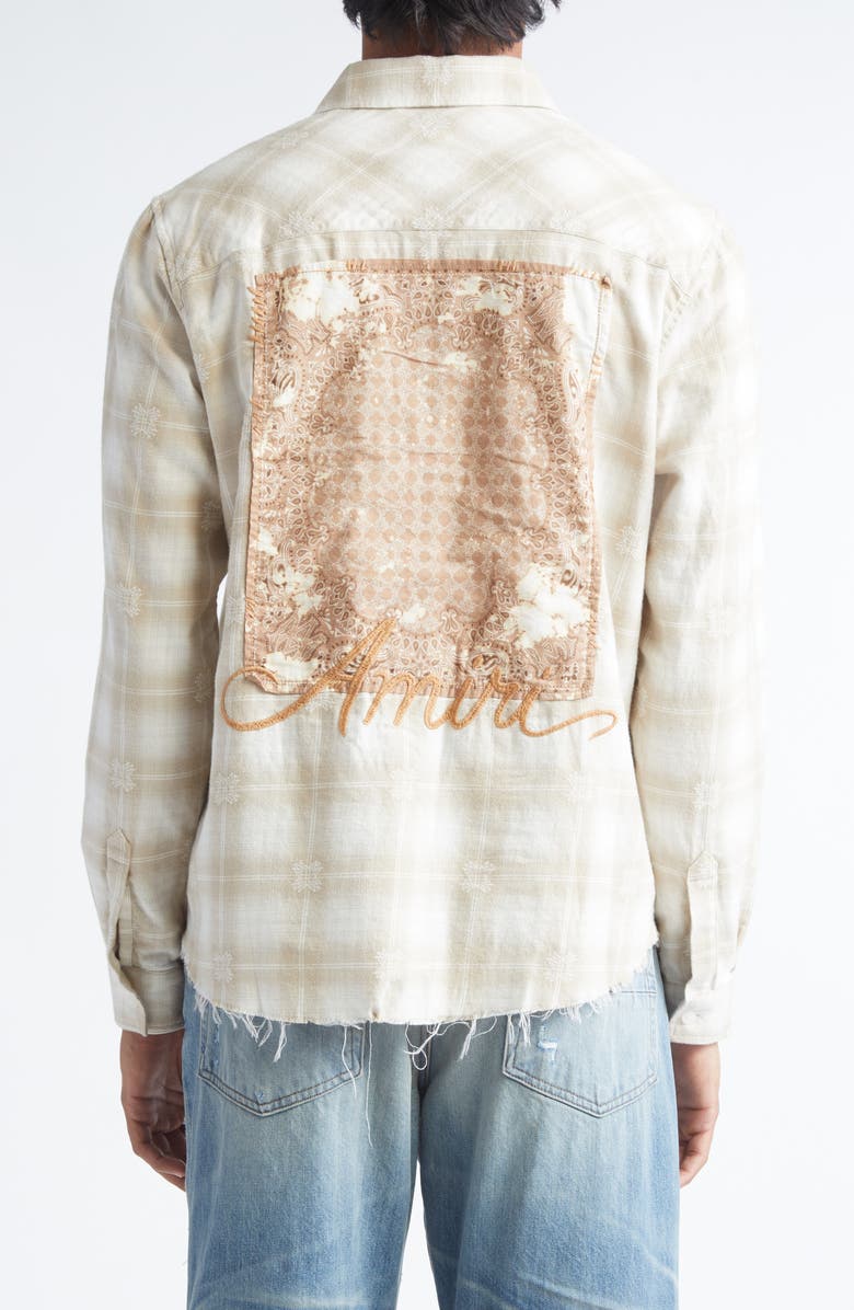 AMIRI Bleach Bandana Patch Flannel Button-Up Shirt, Alternate, color, Light Camel
