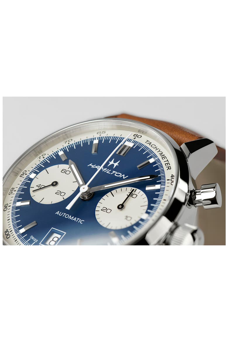 American Classic Automatic Chronograph Leather Strap Watch, 40mm, Alternate, color, BROWN/ BLUE/ SILVER