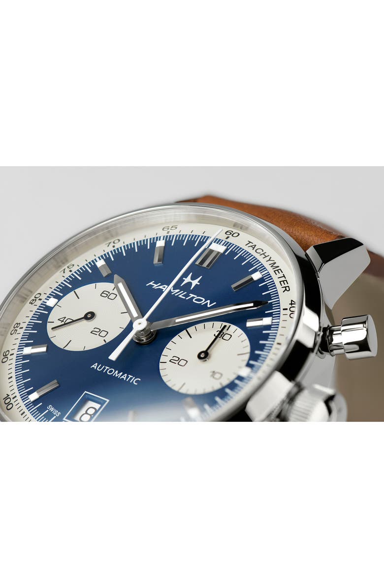 Hamilton American Classic Automatic Chronograph Leather Strap Watch, 40mm, Alternate, color, Brown/ Blue/ Silver