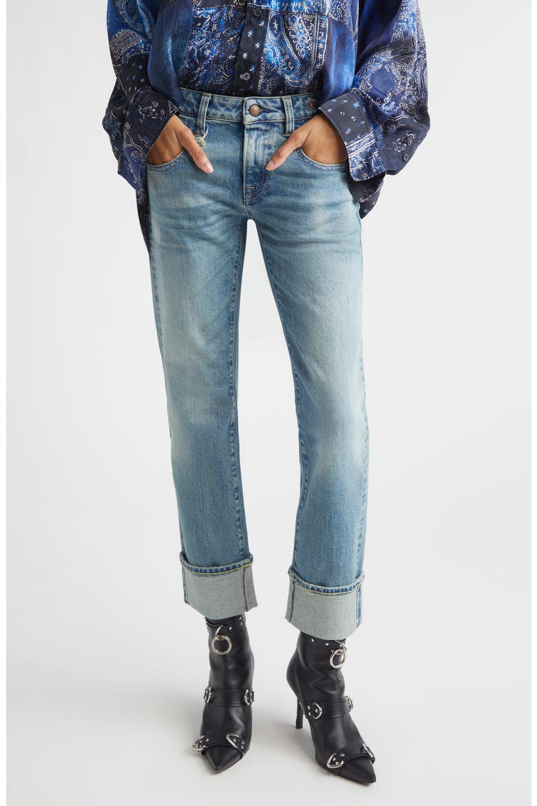 Cuffed Straight Leg Boyfriend Jeans, Main, color, LAPIS SELVEDGE BLUE STRETCH