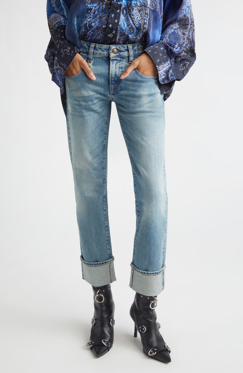 R13 Cuffed Straight Leg Boyfriend Jeans, Main, color, Lapis Selvedge Blue Stretch