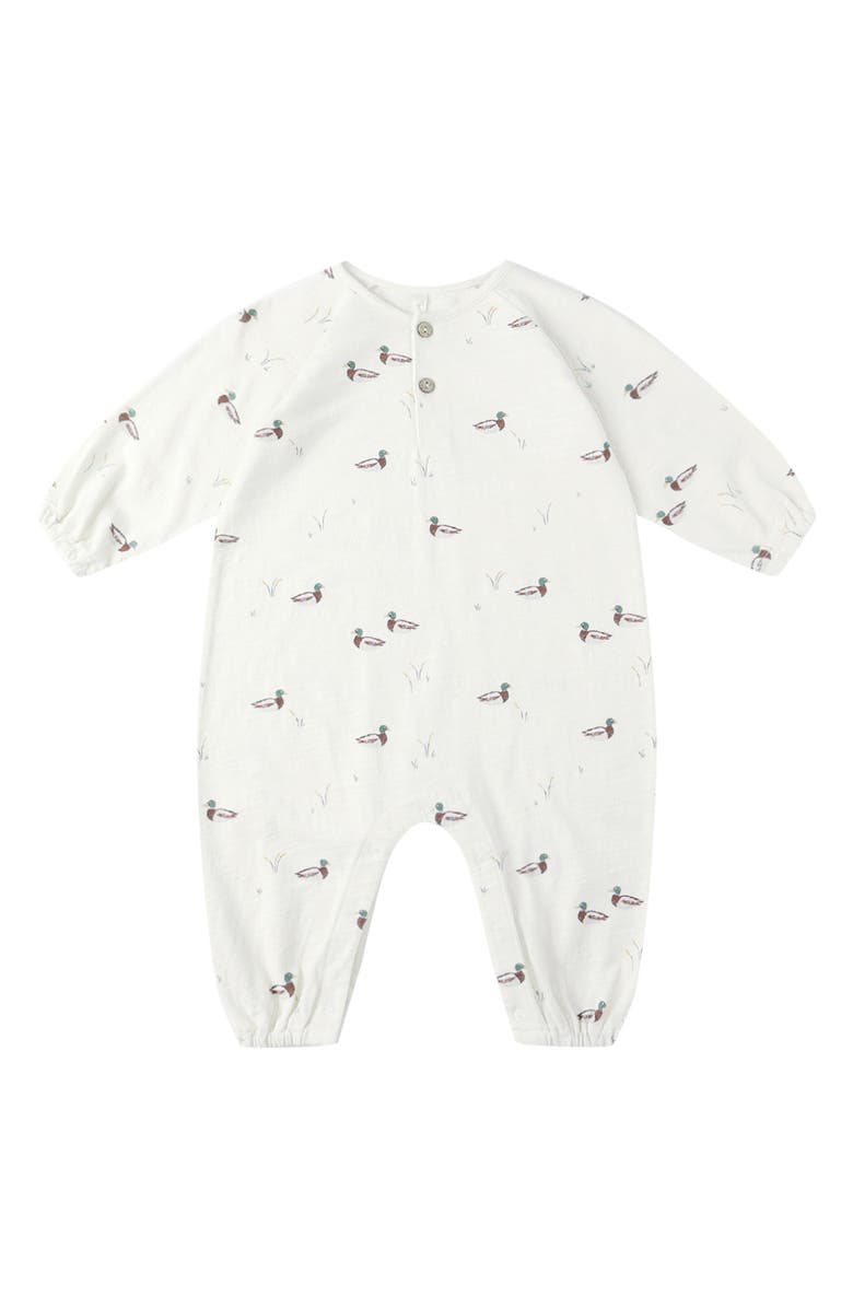 Rylee + Cru Duck Print Cotton Henley Bubble Romper, Main, color, Ivory