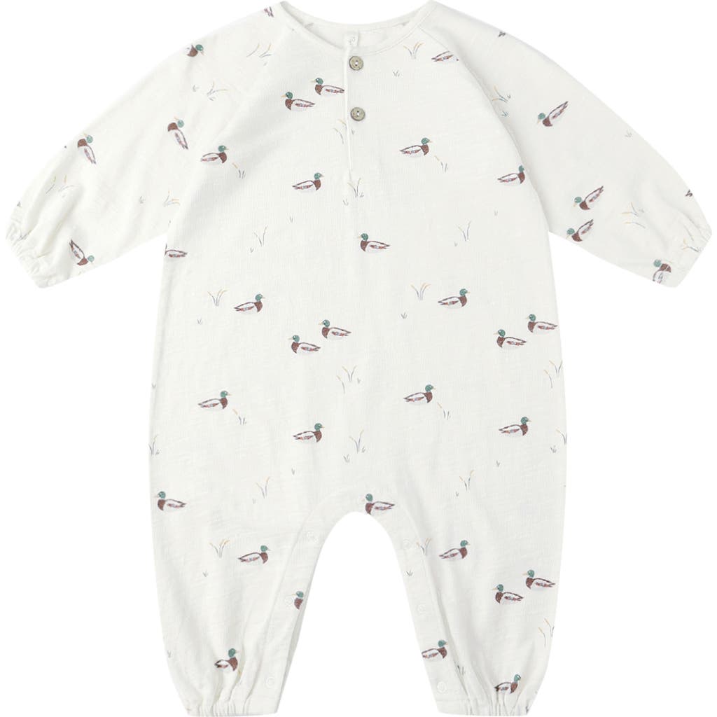 Rylee + Cru Duck Print Cotton Henley Bubble Romper in Ivory  product