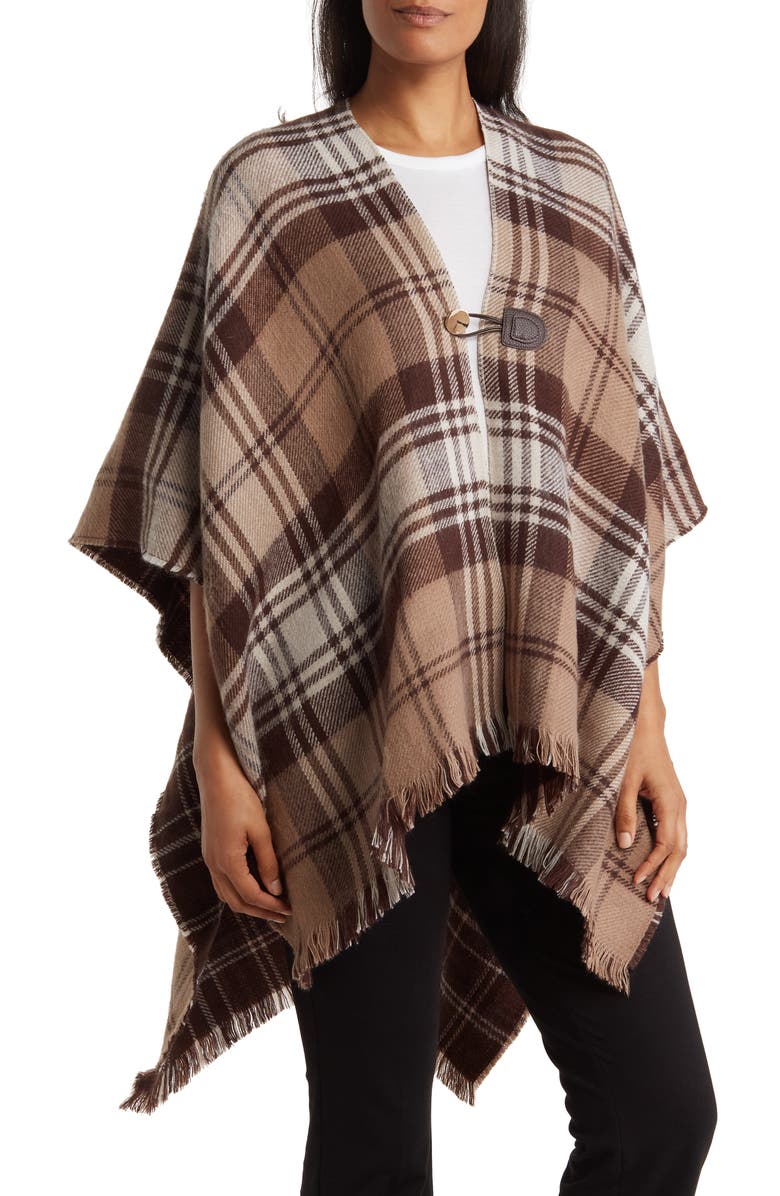 Vince Camuto Plaid Reversible Topper, Main, color, Natural Brown