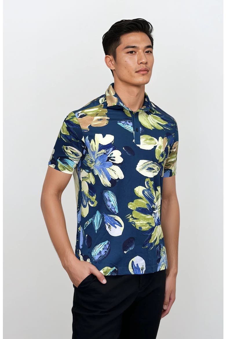 Wrinkle Resistant 3 Button Blue Floral Polo Shirt, Alternate, color, Blue Multi