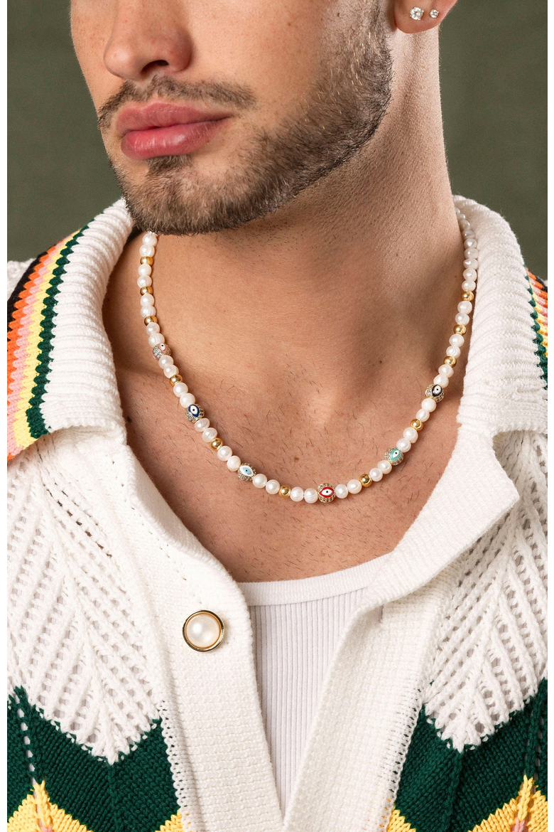 Evil Eye Pearl Necklace, Alternate, color, White/Multicolor