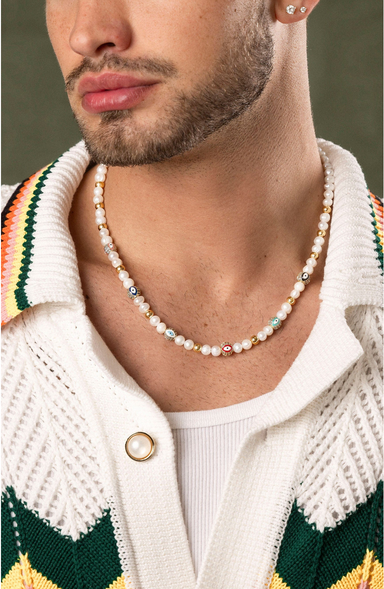 Nialaya Evil Eye Pearl Necklace, Alternate, color, White/Multicolor