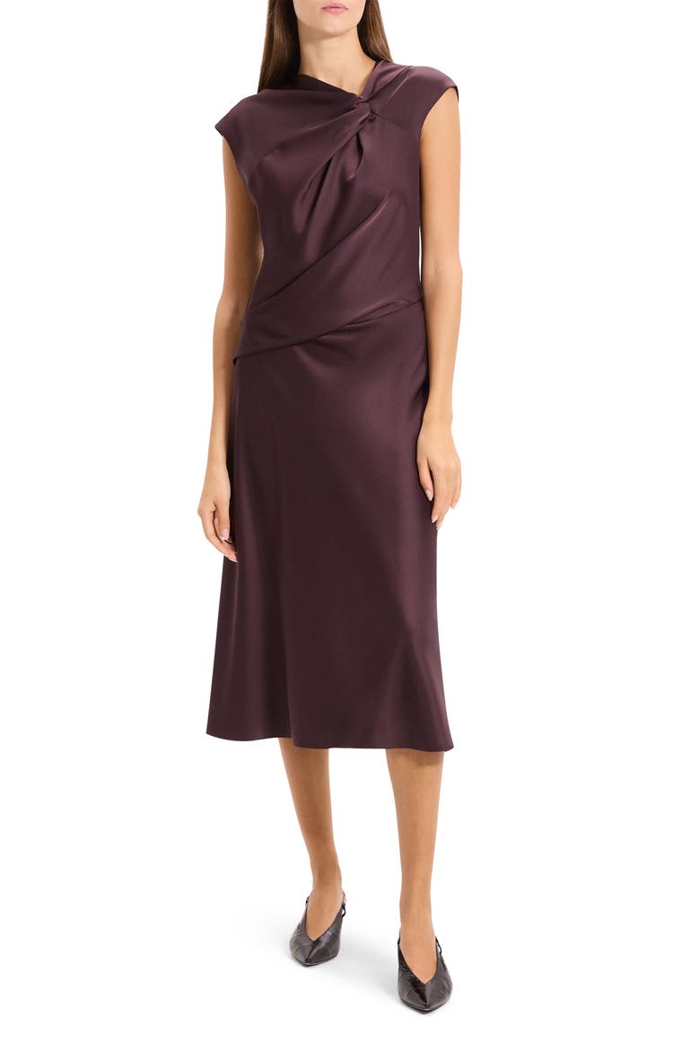 Twist Bodice Satin Midi Dress, Main, color, DEEP PLUM