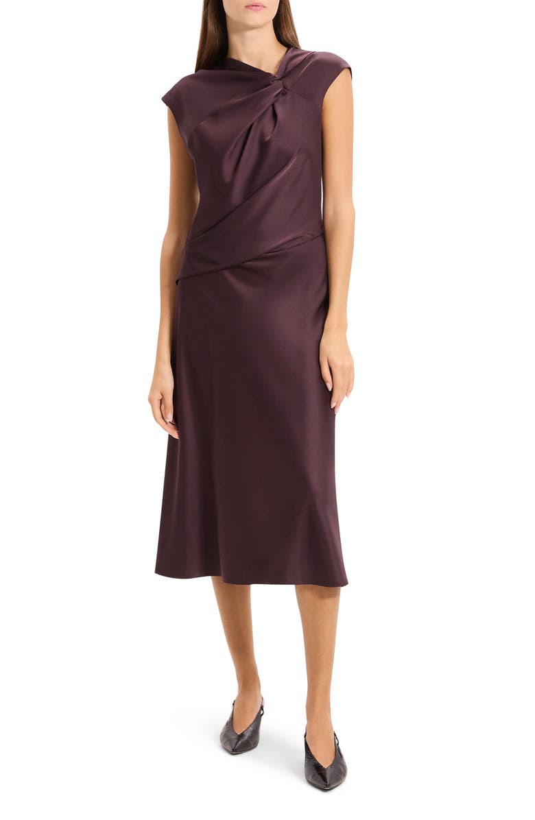 Theory Twist Bodice Satin Midi Dress, Main, color, Deep Plum