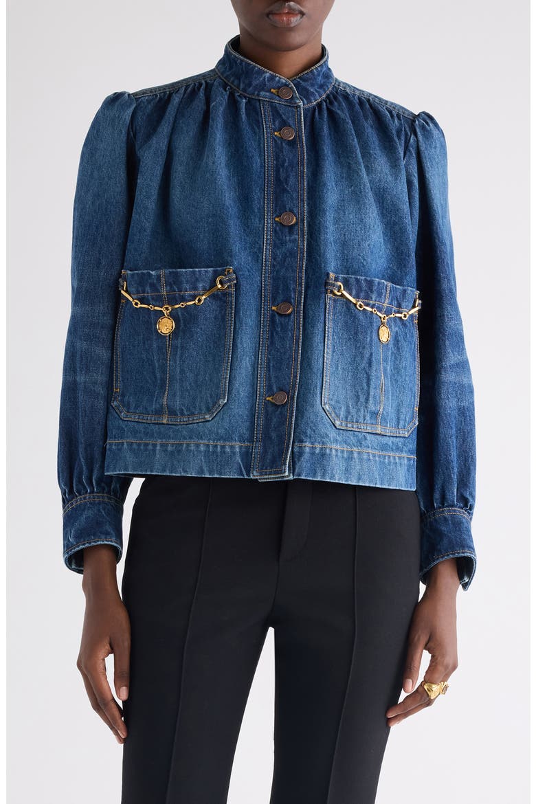 Chain Detail Puff Shoulder Denim Jacket, Main, color, FADED INDIGO