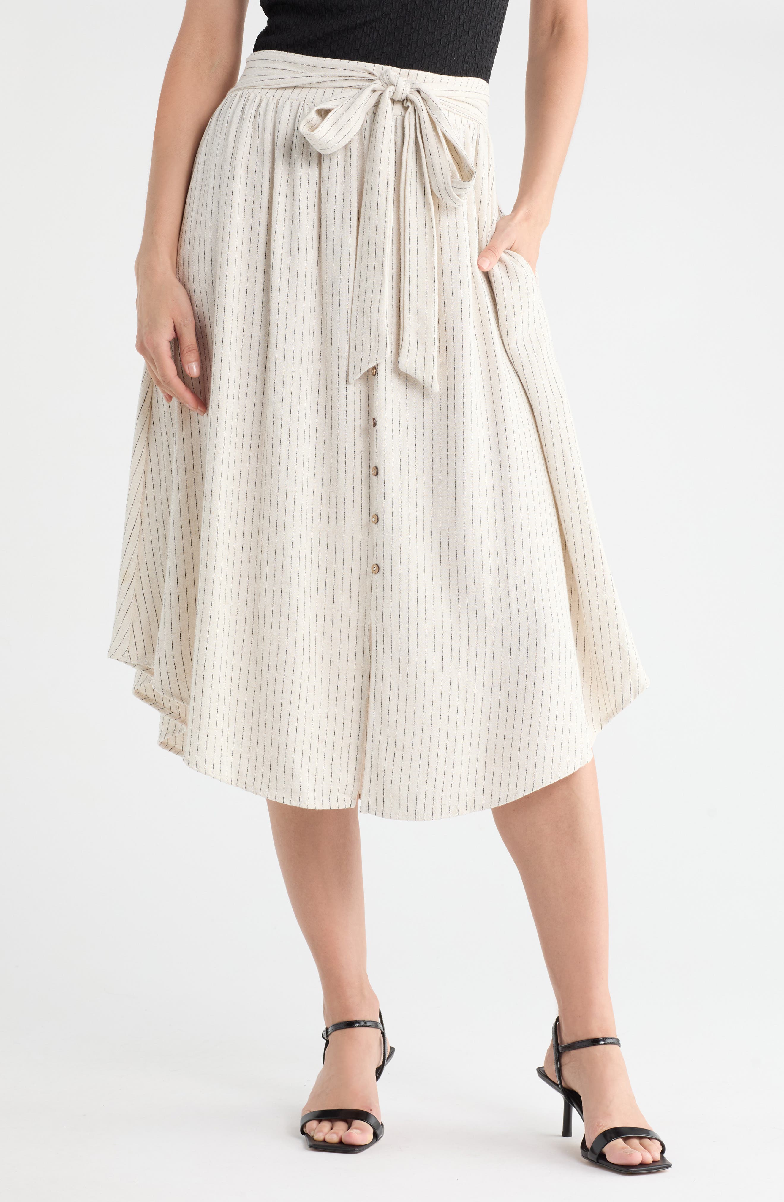 Renee C Stripe Tie Waist Midi Skirt