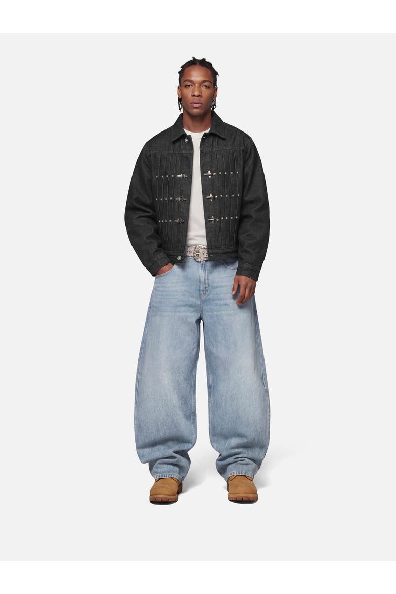 Inverted Graphic Baggy Barrel Jeans, Main, color, Blue