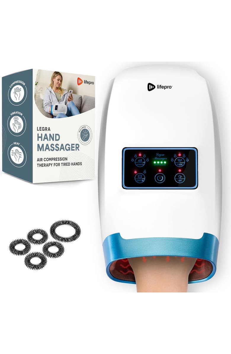Lifepro Legra Plus Hand Massager with Heat and Compression Finger, Wrist, and Palm Massager with 5 and 6 Modes, Main, color, 5 Modes White