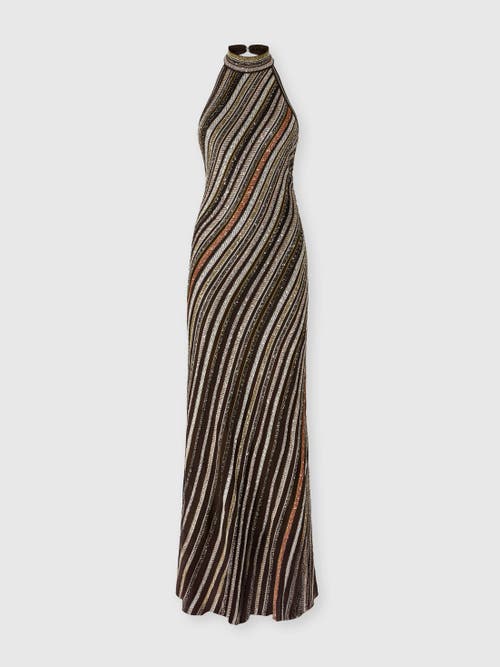 Missoni Long Dress With Halter Neck And Herringbone Stripe Knit In Green