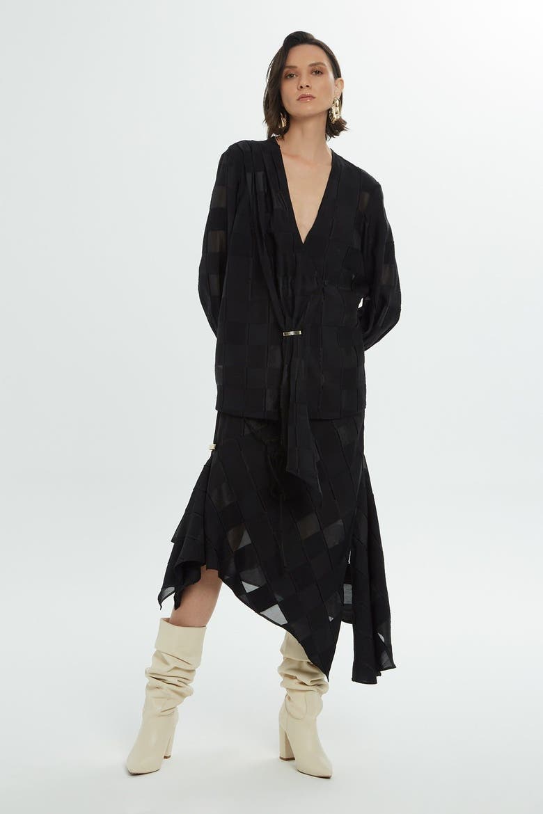 V-Neck Long Sleeve Blouse with Cuff Accessory, Main, color, Black
