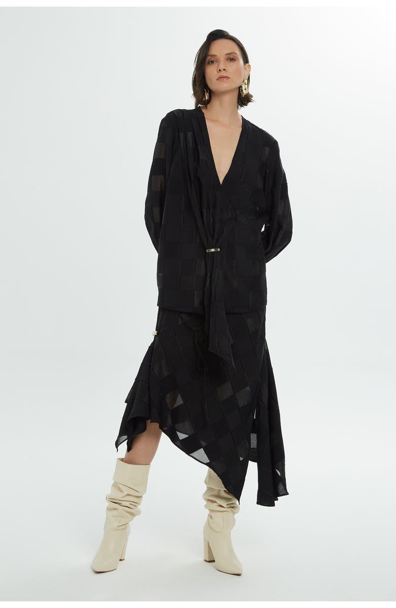 Gizia Black Long Sleeve Blouse with Cuff and Accessory Details, Main, color, Black