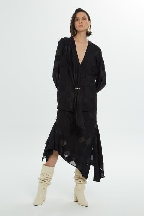 Black Long Sleeve Blouse with Cuff and Accessory Details