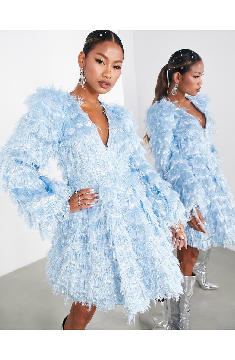 ASOS DESIGN Fringe Jacquard Metallic Long Sleeve Minidress, Alternate, color, 