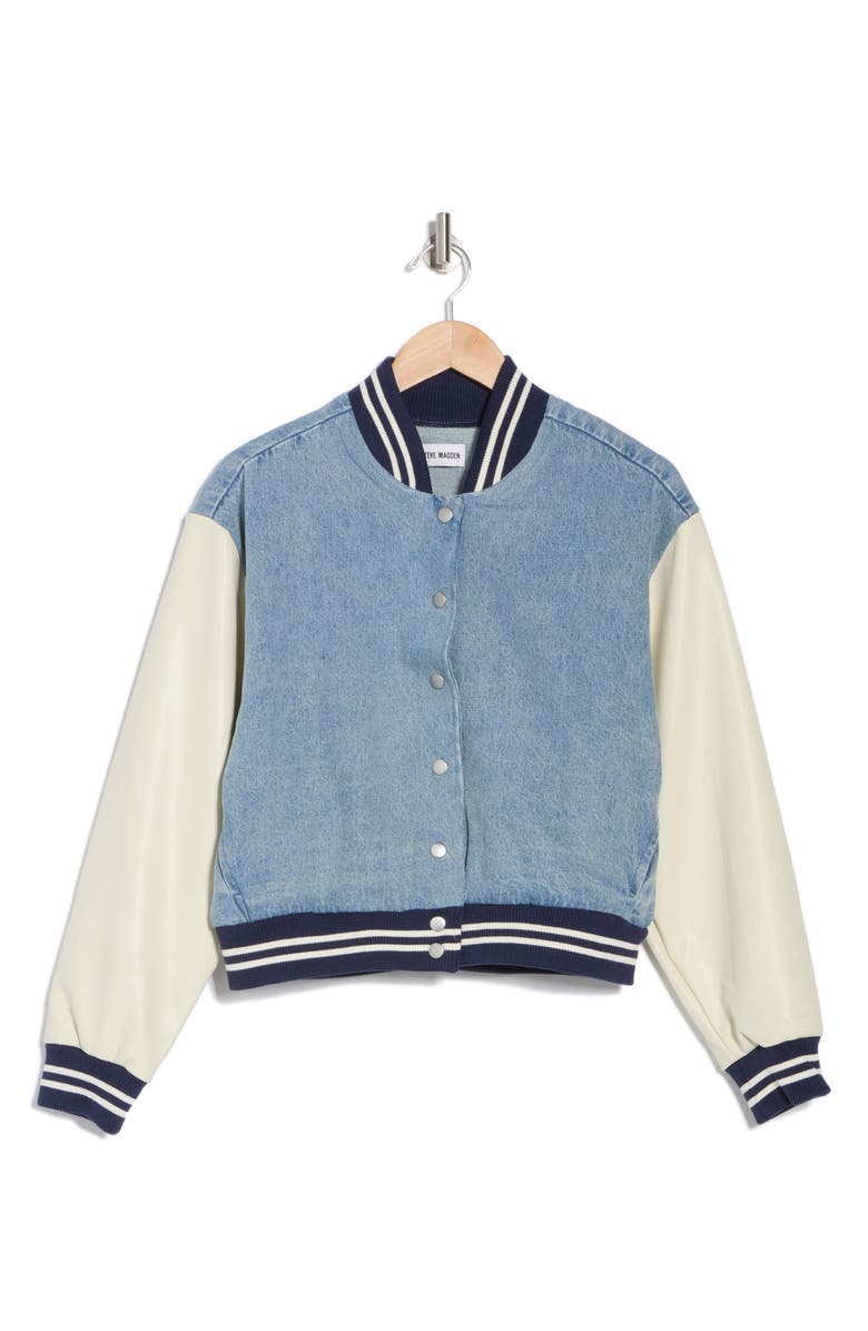 Steve Madden Faux Leather & Denim Varsity Jacket, Alternate, color, 