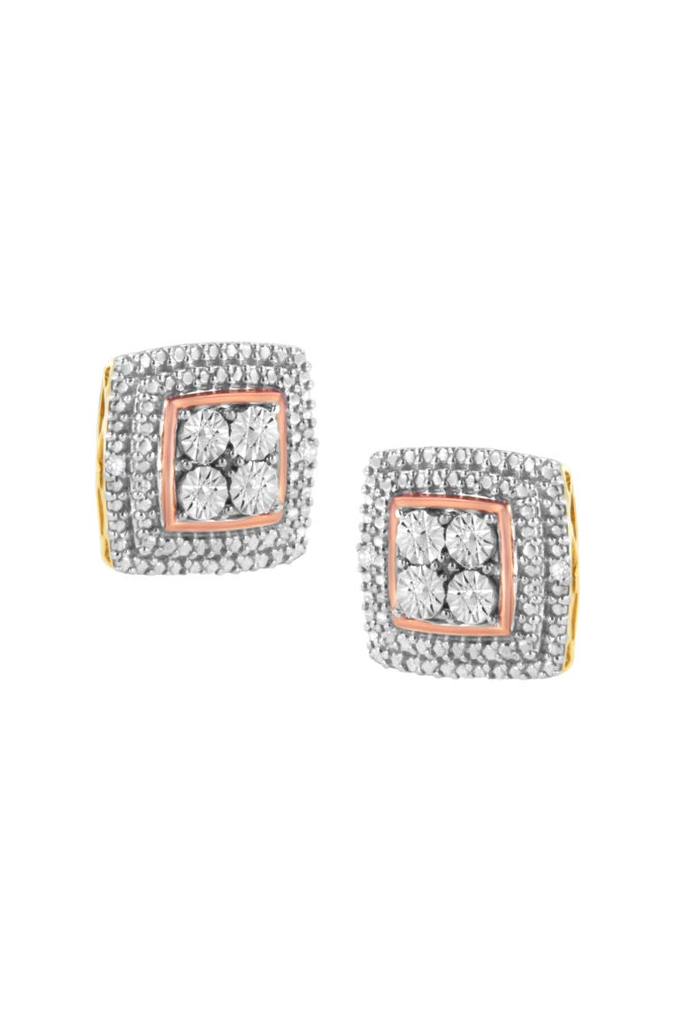Silver Diamond Accented Square Shaped Milgrain Stud Earrings, Alternate, color, Tri Tone