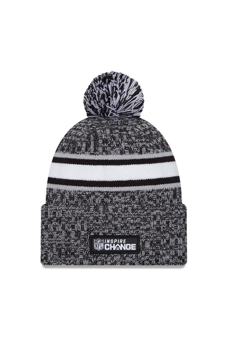 Men's New Era Heather Black Las Vegas Raiders 2023 Inspire Change Cuffed Knit Hat With Pom, Alternate, color, Heather Black