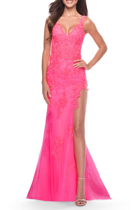 Lace Long Dress with High Side Slit and V Neckline