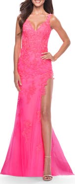 La Femme Lace Long Dress with High Side Slit and V Neckline
