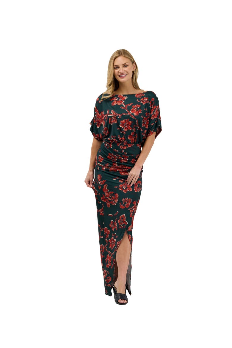 Elevate Womens Short Batwing Sleeve Boat Neck Ruched Waist Long Maxi Dress, Main, color, Green Multi