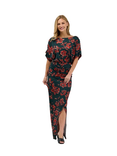 Elevate Womens Short Batwing Sleeve Boat Neck Ruched Waist Long Maxi Dress