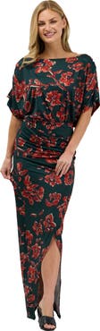 24seven Comfort Apparel Elevate Womens Short Batwing Sleeve Boat Neck Ruched Waist Long Maxi Dress