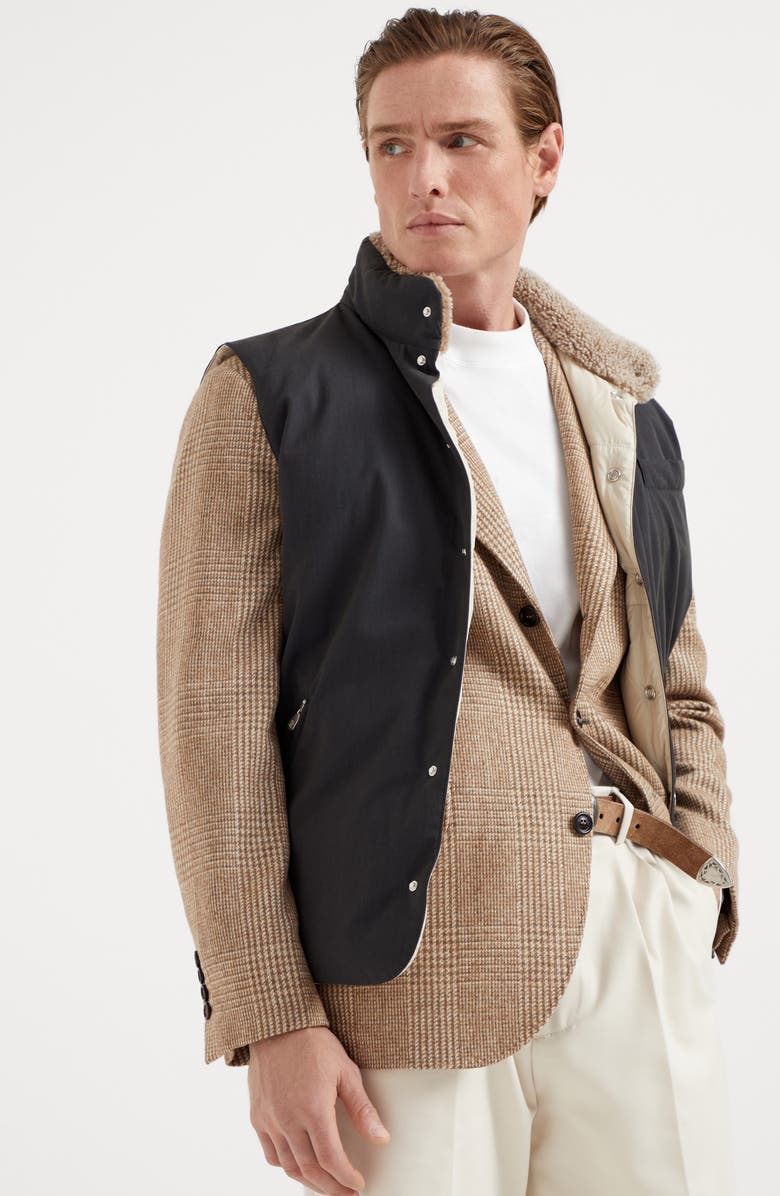 Brunello Cucinelli Techno cotton gabardine down vest with shearling insert, Alternate, color, 