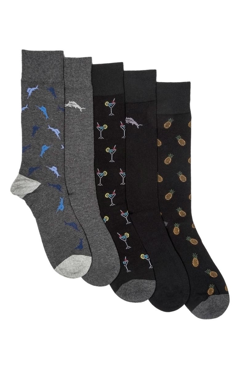 Tommy Bahama CoolMax<sup>®</sup> EcoMade 5-Pack Assorted Crew Socks, Main, color, Black/ Charcoal