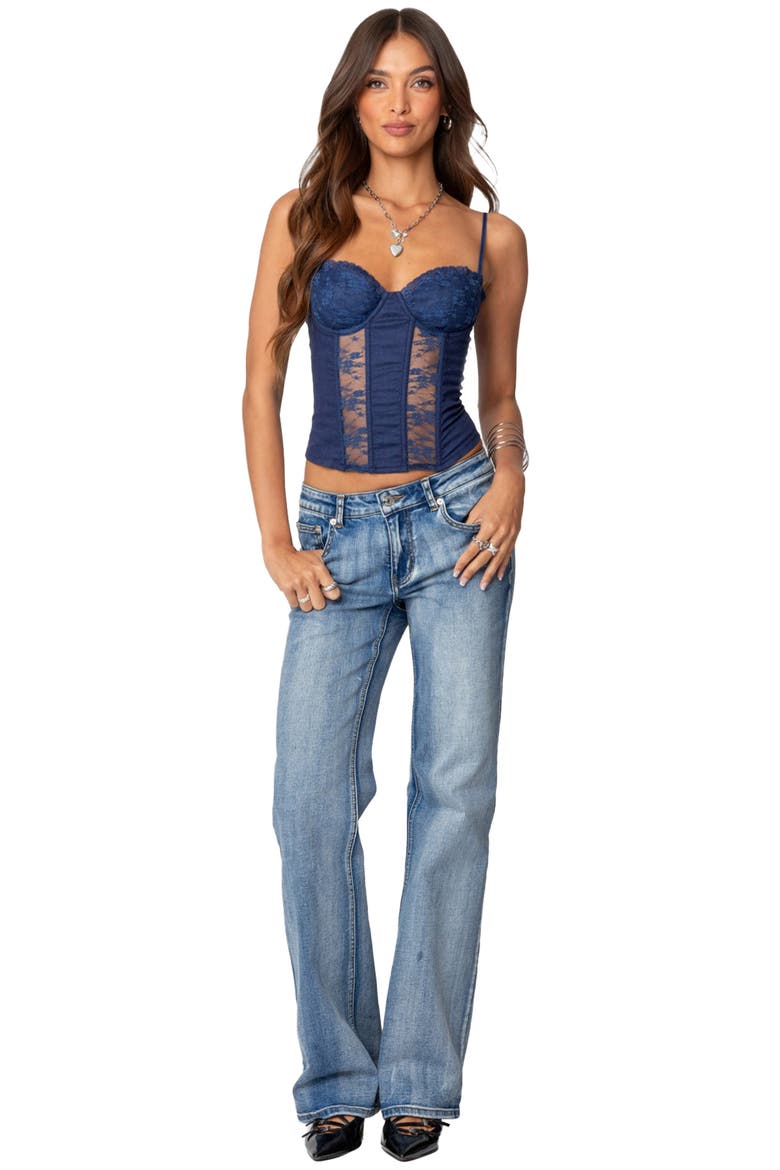 Avena Lace Panel Linen & Cotton Corset Top, Alternate, color, NAVY
