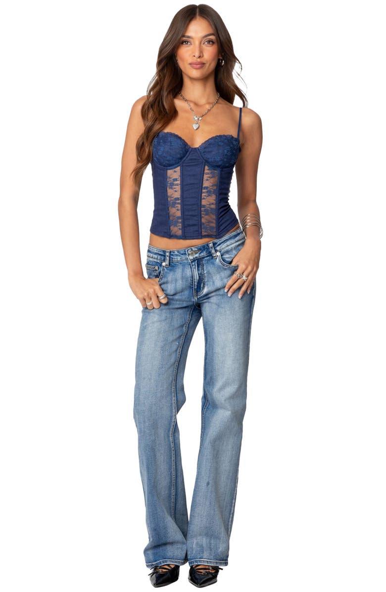 EDIKTED Avena Lace Panel Linen & Cotton Corset Top, Alternate, color, Navy