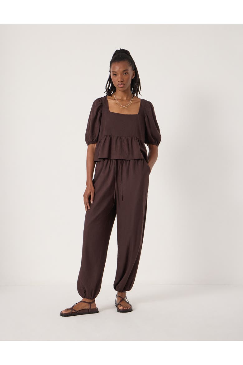 Alva Puff Sleeve Linen Beach Top, Alternate, color, Dark Brown
