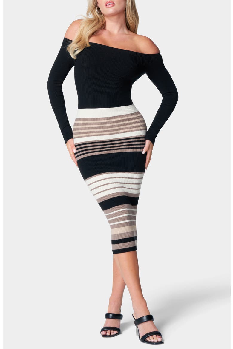 Off the Shoulder Long Sleeve Sweater Dress, Main, color, BLACK/ TAN