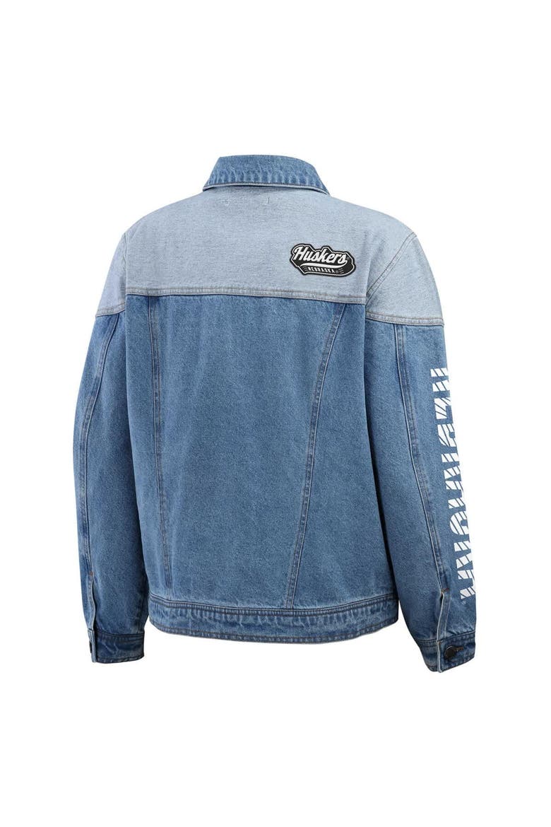 Women's WEAR by Erin Andrews Denim Nebraska Huskers Sleeve Hit Colorblock Button-Down Denim Jacket, Alternate, color, Denim