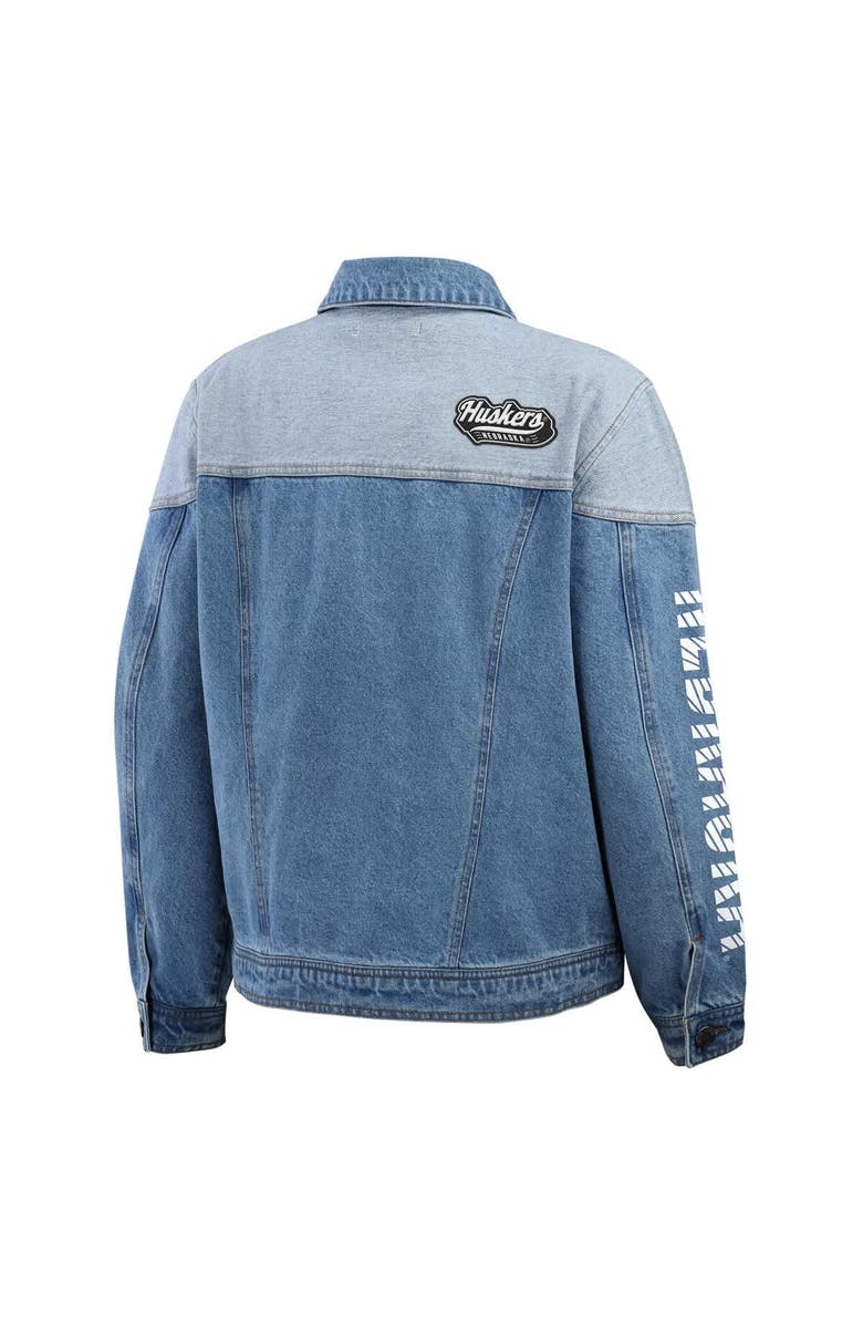 WEAR by Erin Andrews Women's WEAR by Erin Andrews Denim Nebraska Huskers Sleeve Hit Colorblock Button-Down Denim Jacket, Alternate, color, Denim