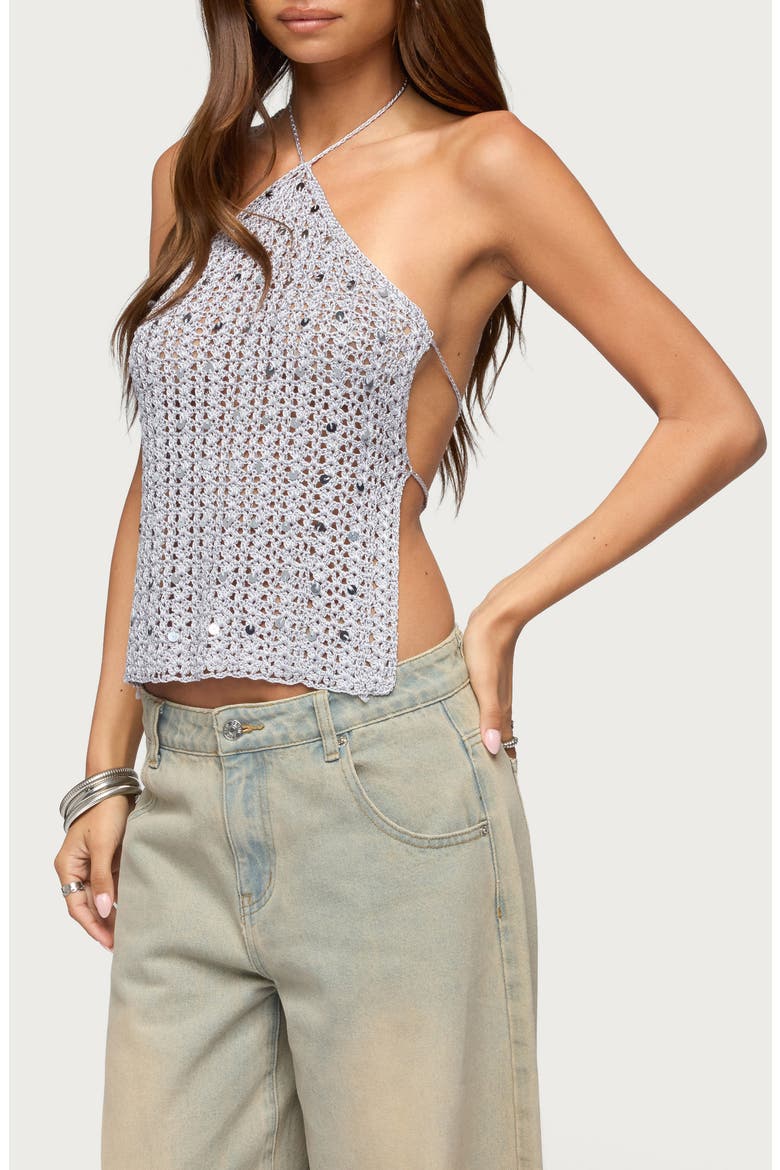 Thaly Backless Sequin Crochet Top, Alternate, color, SILVER