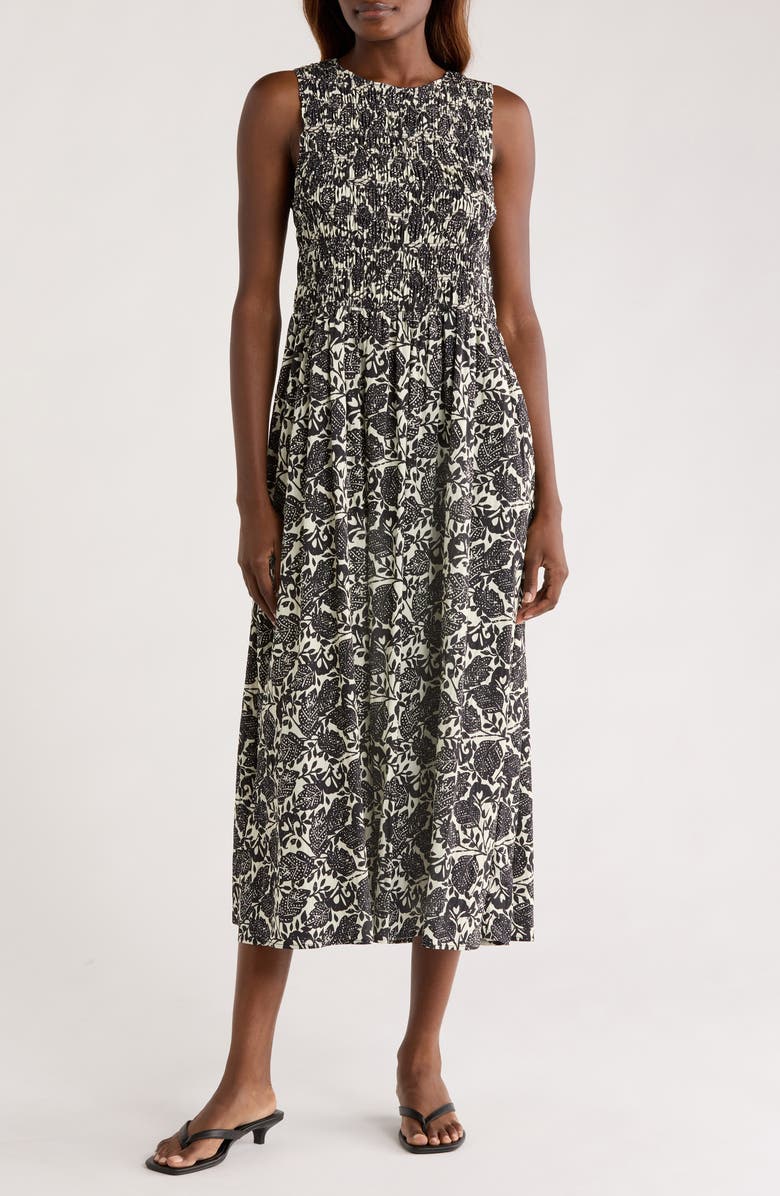 MELLODAY Smocked Sleeveless Maxi Dress, Main, color, Ivory/ Black Print