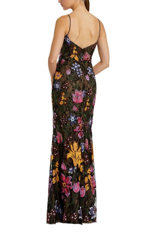 Mac Duggal Spaghetti Strap Floral Embroidered Gown In Black Multi