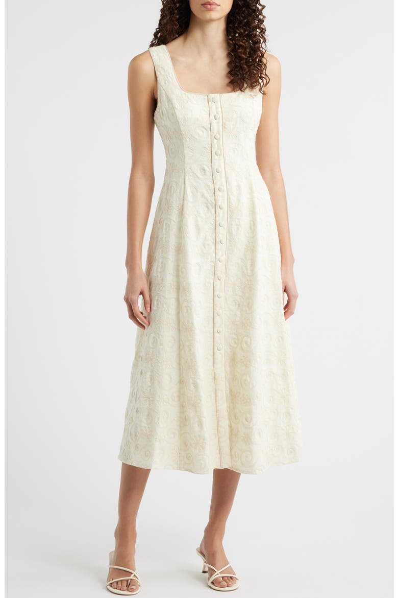 Embroidered Button-Up Dress, Main, color, CREAM