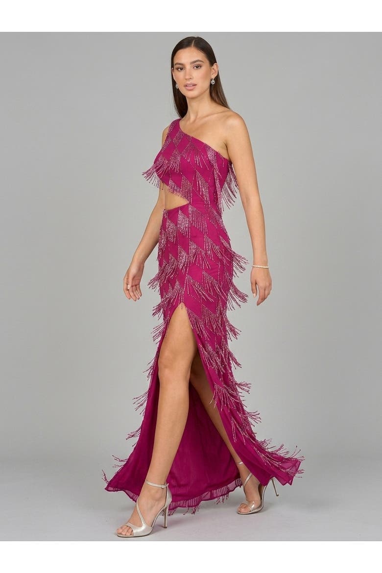 One Shoulder Fringe Gown, Alternate, color, Raspberry